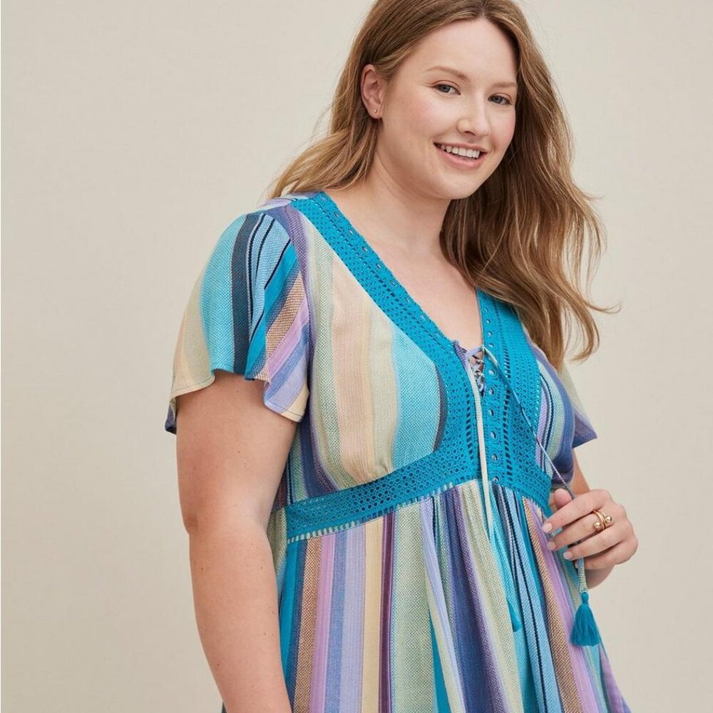 Blue Stripe Crinkle Gauze Laceup Babydoll Size 6X (30)